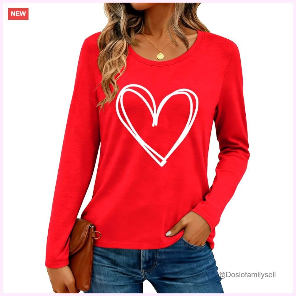 Long Sleeve Pullover Tee Heart Print Chic Casual Dating Blouse Top